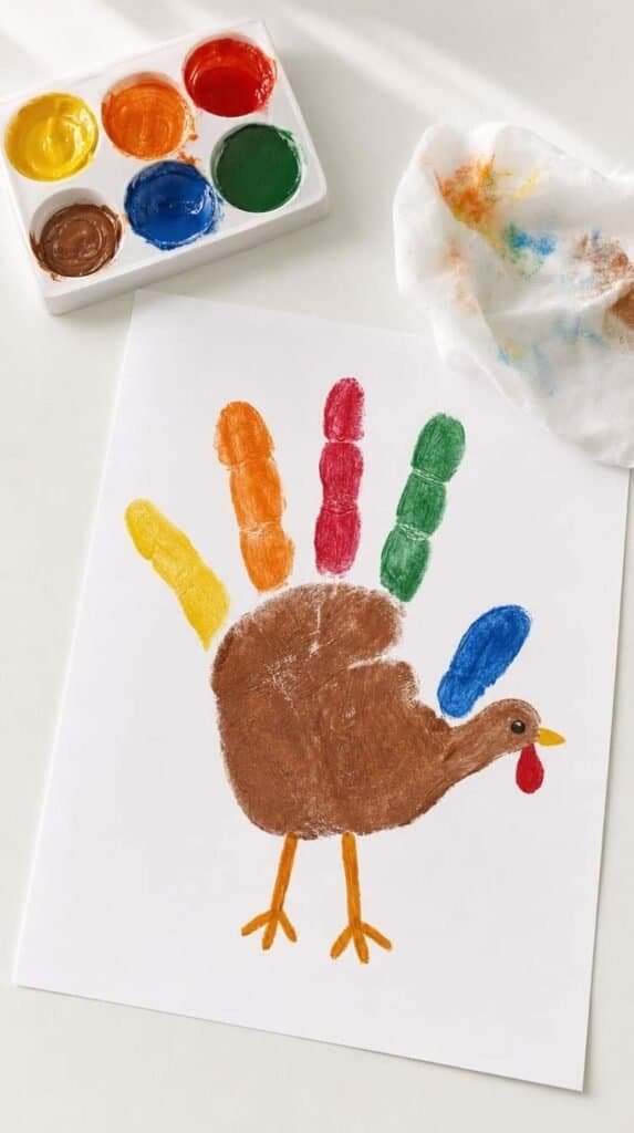 Handprint turkey painting with colorful fingers on white paper beside a paint tray