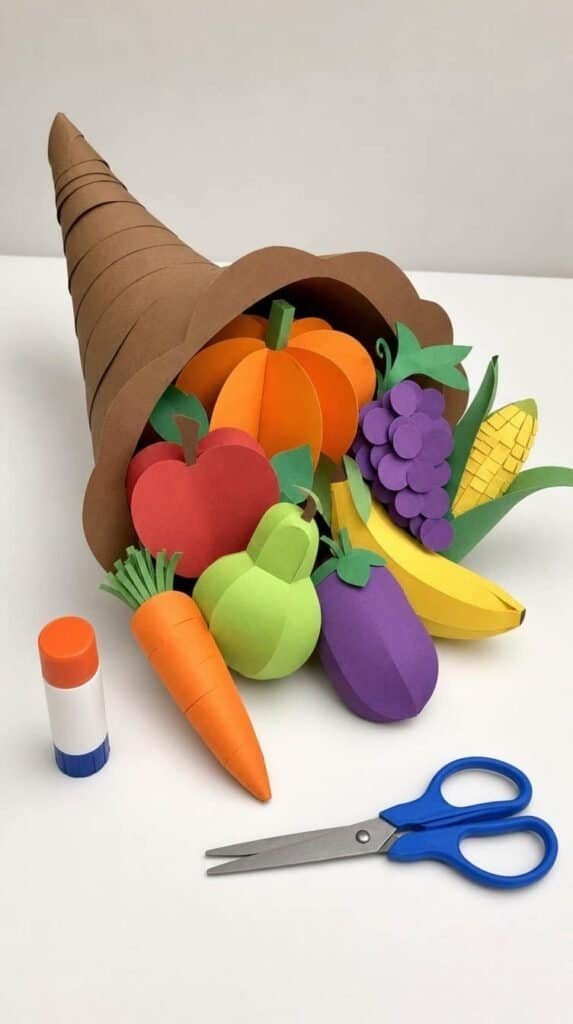 Brown paper cornucopia filled with colorful paper fruits and vegetables