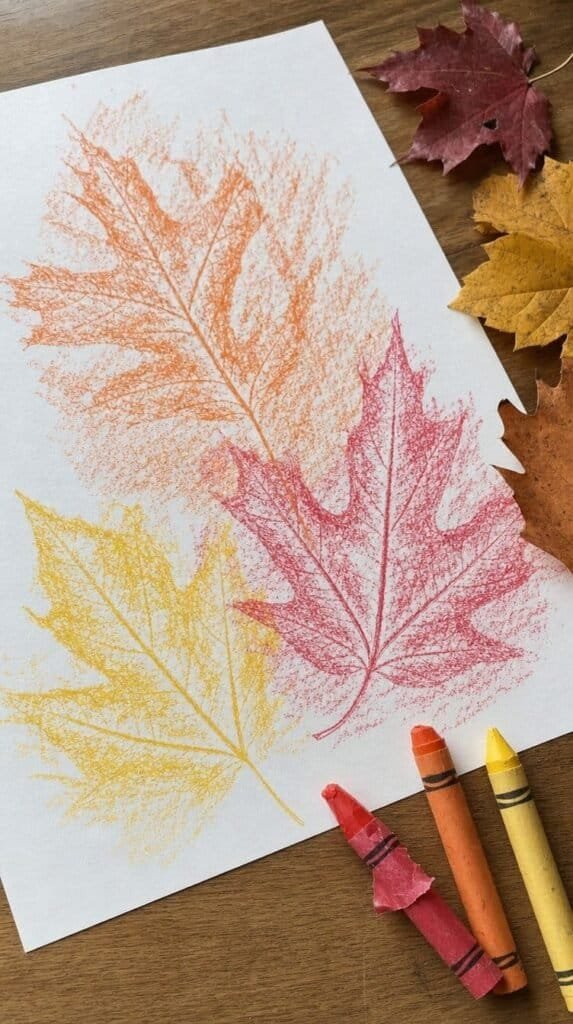 Crayon leaf rubbing art in orange, red and yellow beside real fall leaves