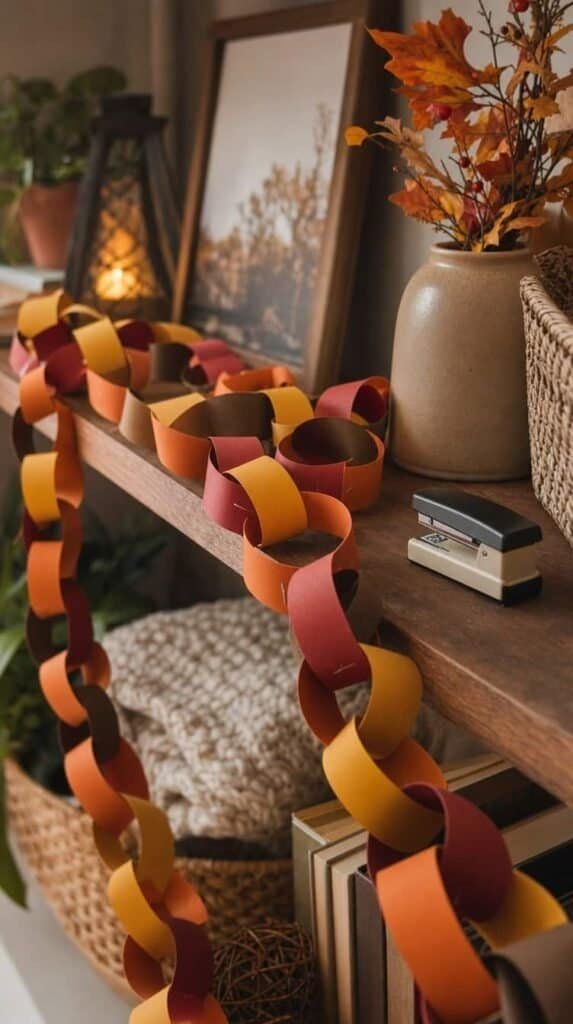 Colorful fall paper chain garland draped across a wooden shelf