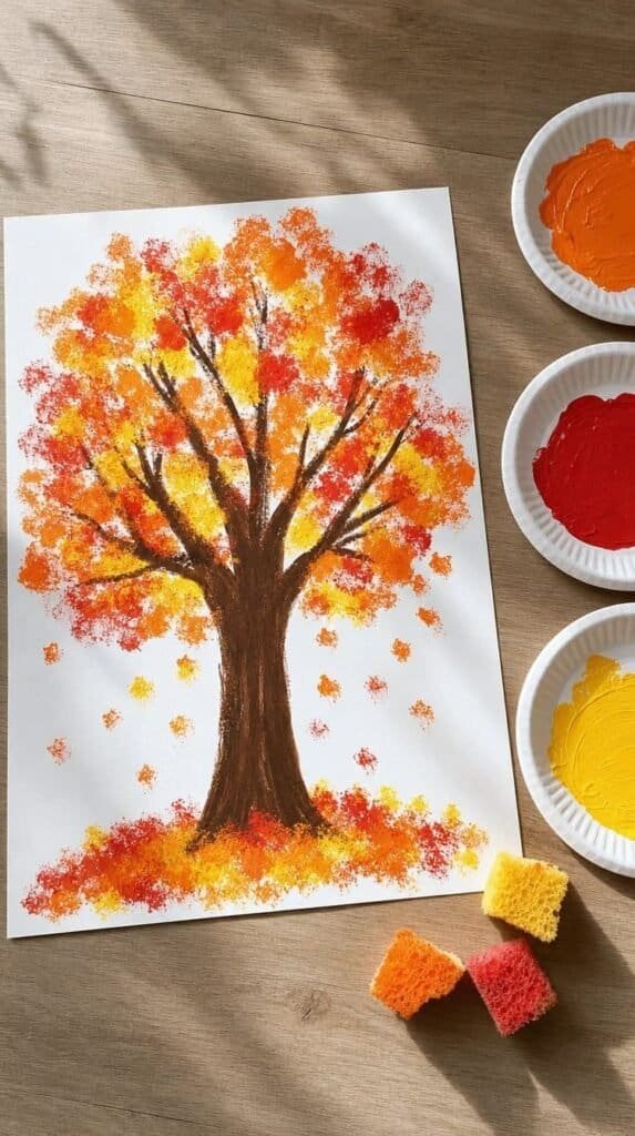 Sponge-painted fall tree with orange, red and yellow stamped leaves on white paper