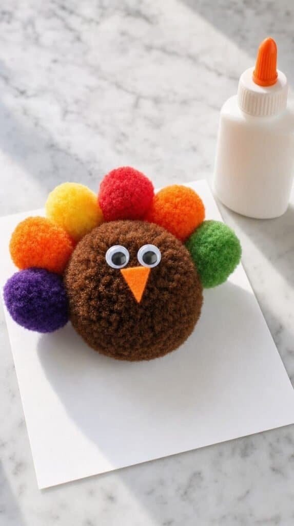 Pom pom turkey with a brown body and colorful pom pom feathers on white cardstock