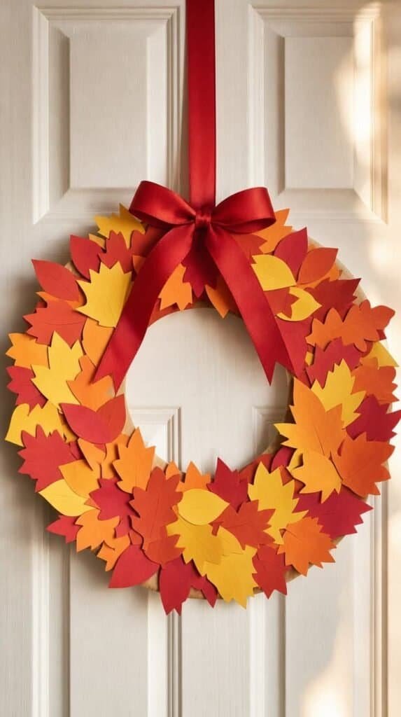 Paper plate wreath covered in orange, red and yellow paper leaves on a white door