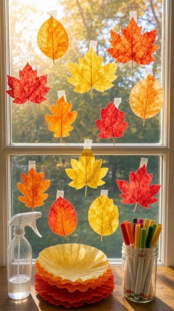 Dyed coffee filter fall leaves in orange, red and yellow taped to a sunny window