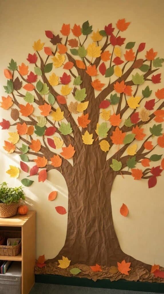 Paper thankful tree on a wall with colorful paper leaves carrying tiny notes
