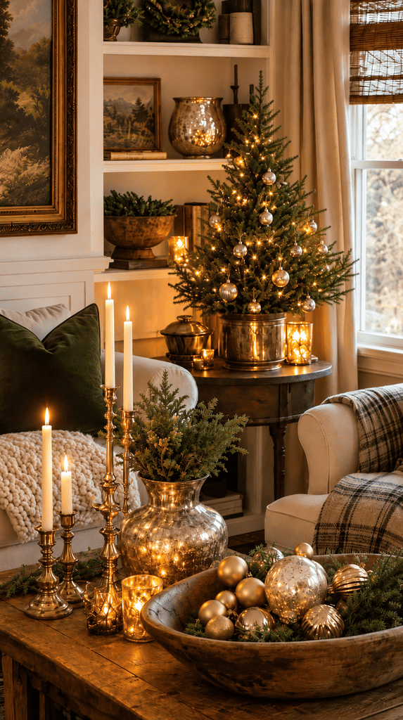 Styled Christmas living room corner with thrifted gold candlesticks, mercury vases, and a small tree