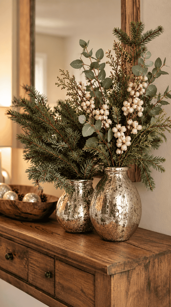 Thrifted glass vases painted with a mercury glass finish holding berry stems and evergreen