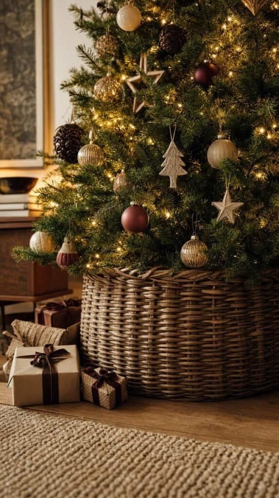 Large woven basket used as a Christmas tree collar with gifts tucked beside it