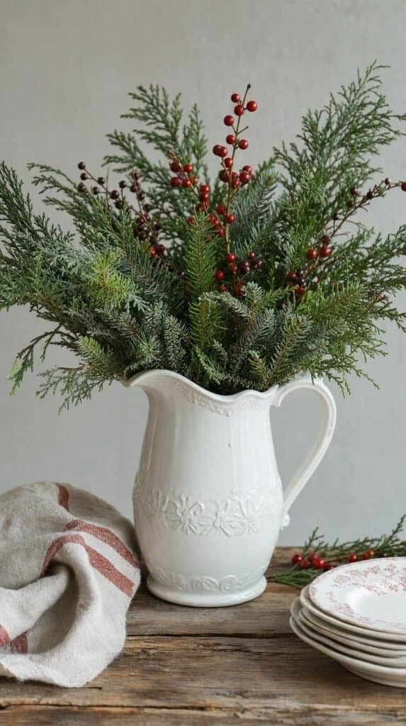 Thrifted ceramic pitcher painted white holding evergreen branches and red berries