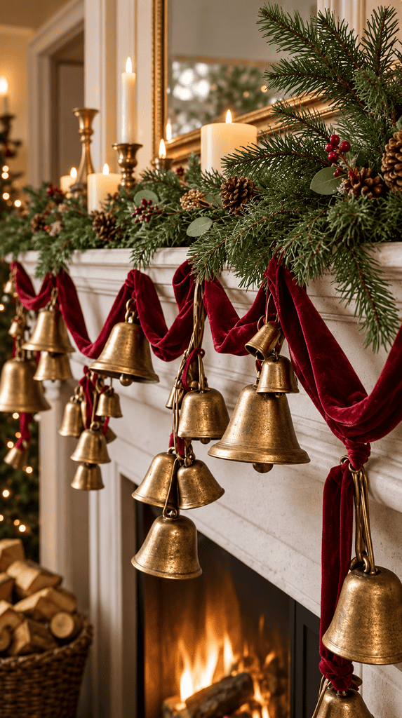 Vintage brass bells tied on a red velvet ribbon garland over a mantel with pine