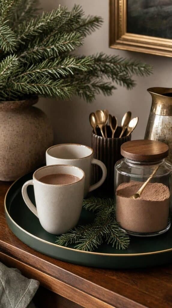 Green painted serving tray with gold rim styled as a holiday cocoa station with mugs