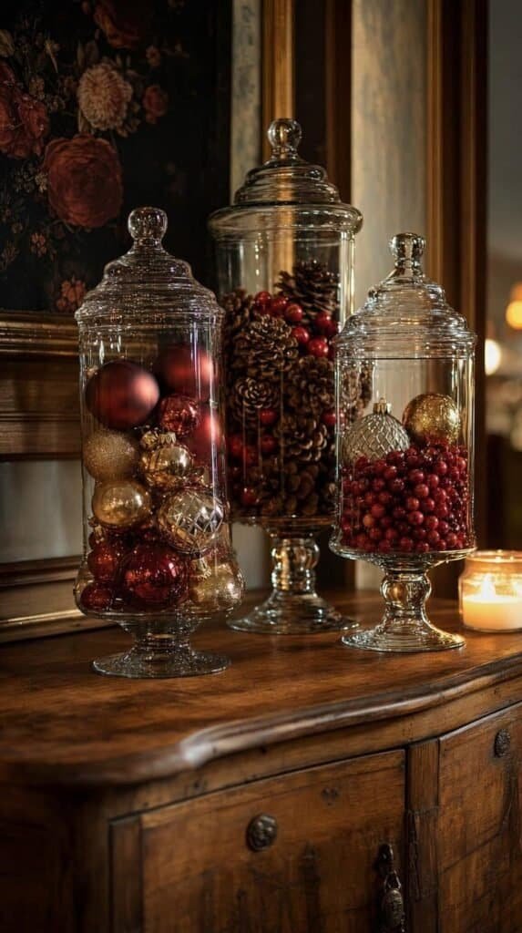 Glass apothecary jars filled with ornaments, pinecones, and cranberries on a sideboard