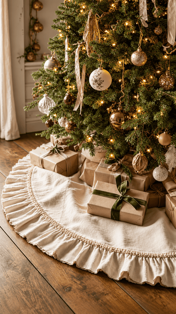 Vintage cream linen tablecloth made into a ruffled tree skirt under a decorated tree