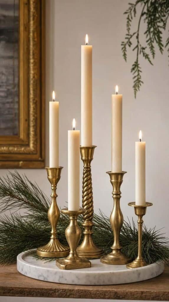 Mismatched thrifted candlesticks spray painted gold holding cream taper candles on a marble tray
