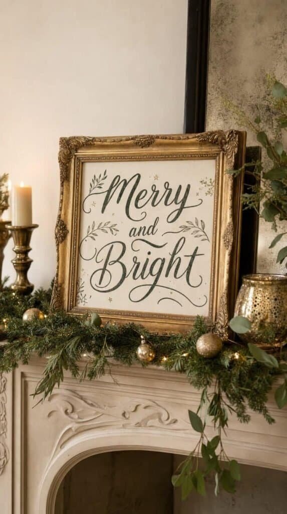 Vintage gold picture frame holding a hand lettered holiday sign on a decorated mantel - thrift flip Christmas decor