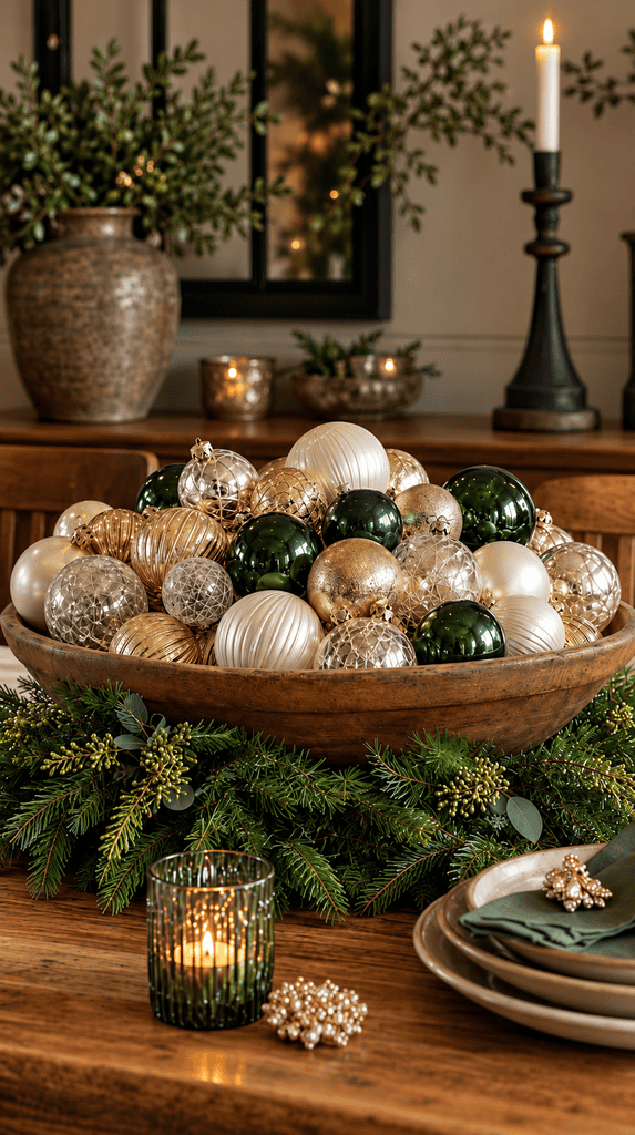 Thrifted wooden bowl overflowing with cream, gold, and green ornaments on a dining table
