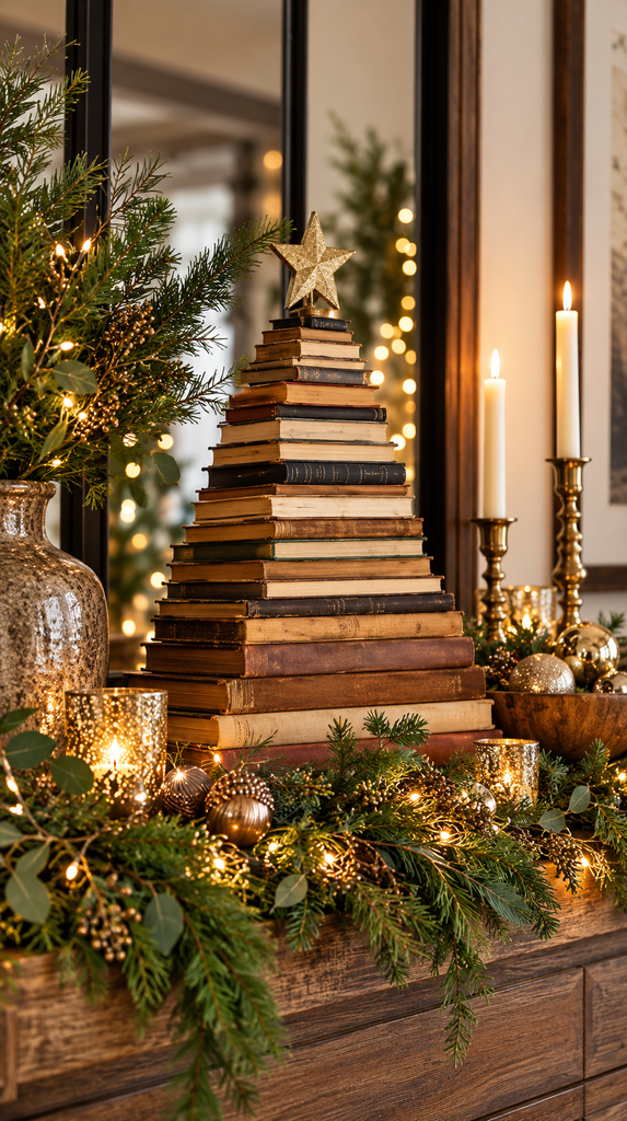 Old hardcover books stacked into a small Christmas tree with a gold star on top