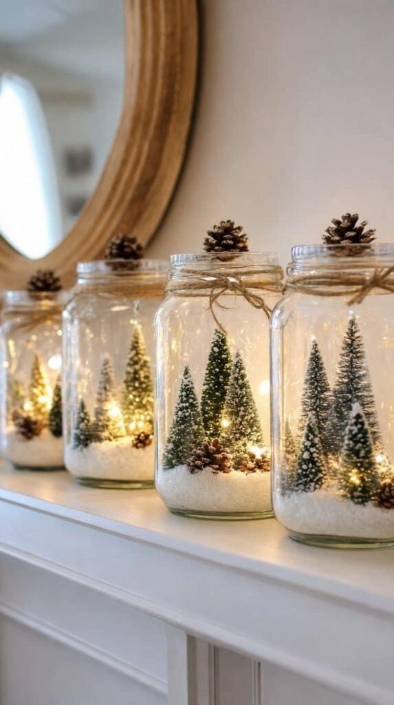 Thrifted glass jars turned into snowy winter scenes with tiny trees and warm lights