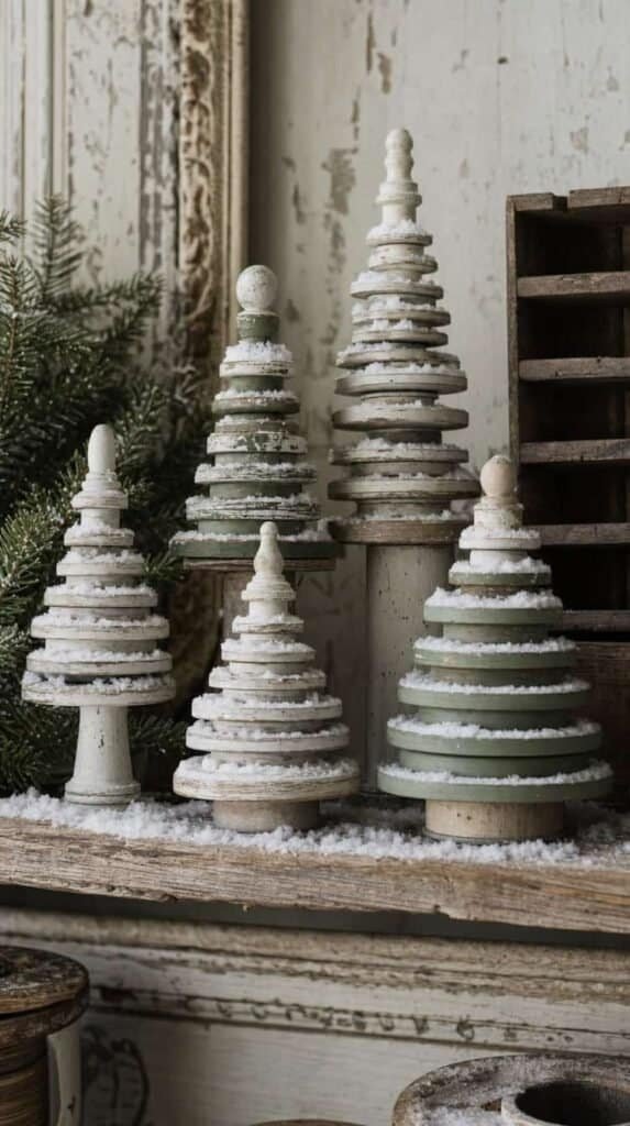 Wooden spools and candlesticks painted into miniature snowy Christmas trees on a shelf