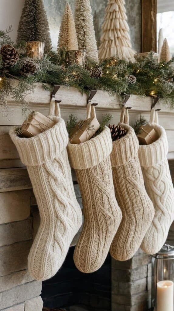 Chunky knit sweater cuffs repurposed into cozy Christmas stockings hanging from a mantel