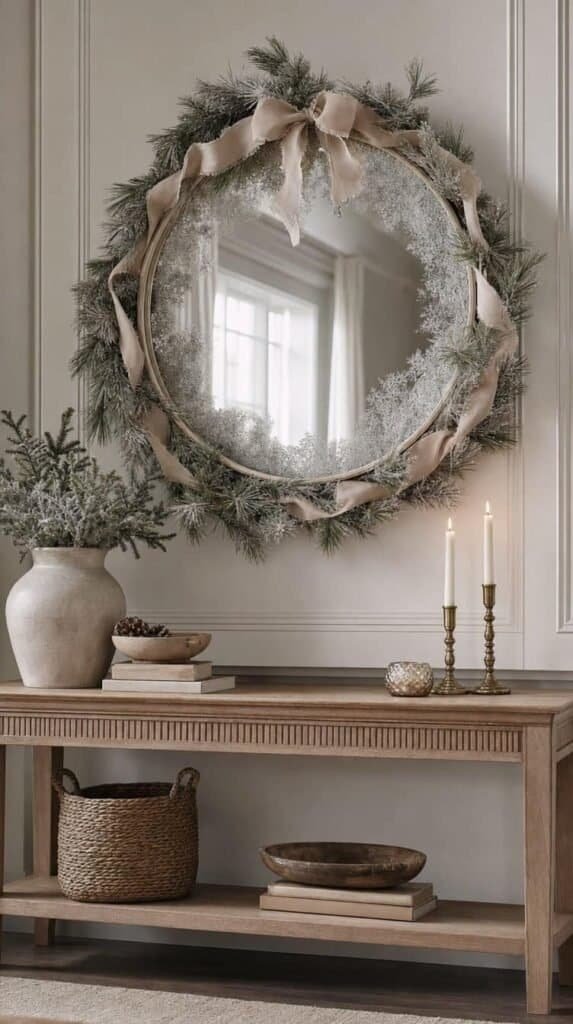 Thrifted round mirror with a frosted finish framed by faux pine and ribbon above a console