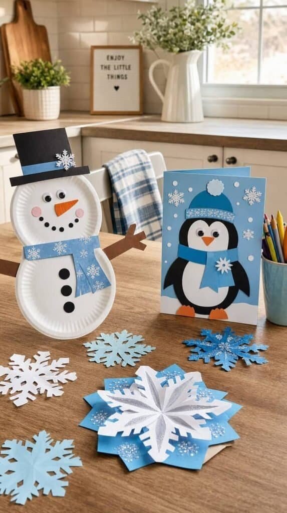 Kitchen table set with finished winter art projects including a snowman and penguin card