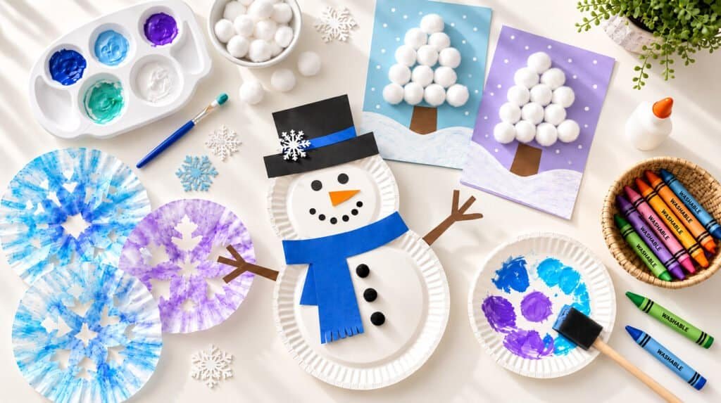 Flat lay of toddler winter art projects with paper plate snowman and cotton ball trees