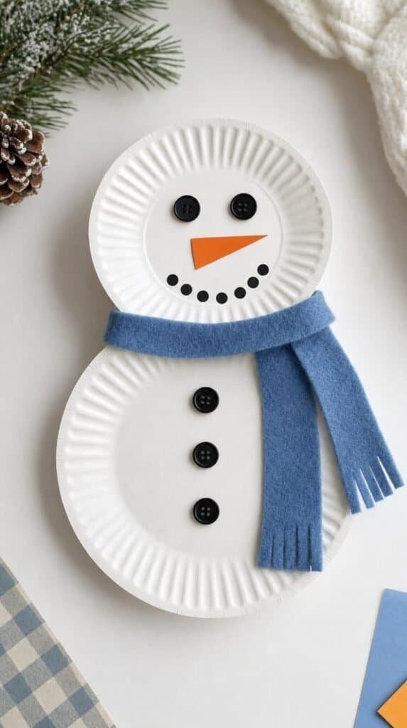 Finished paper plate snowman with felt scarf and orange paper nose -winter crafts for toddlers