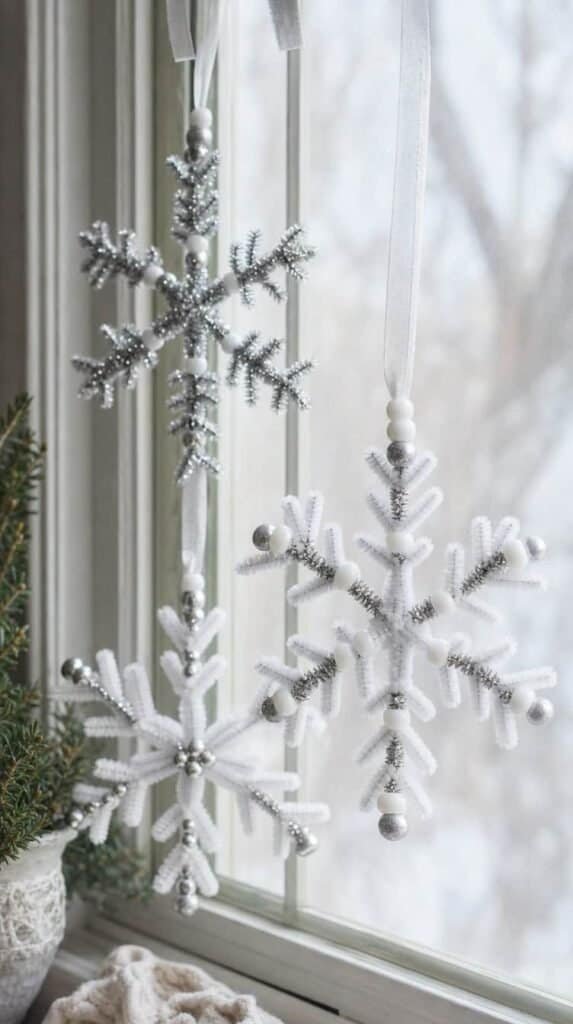 White and silver pipe cleaner snowflake ornaments with beads in a window