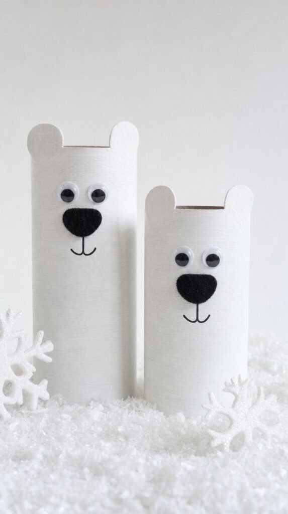 Two white cardboard tube polar bears with black noses and googly eyes