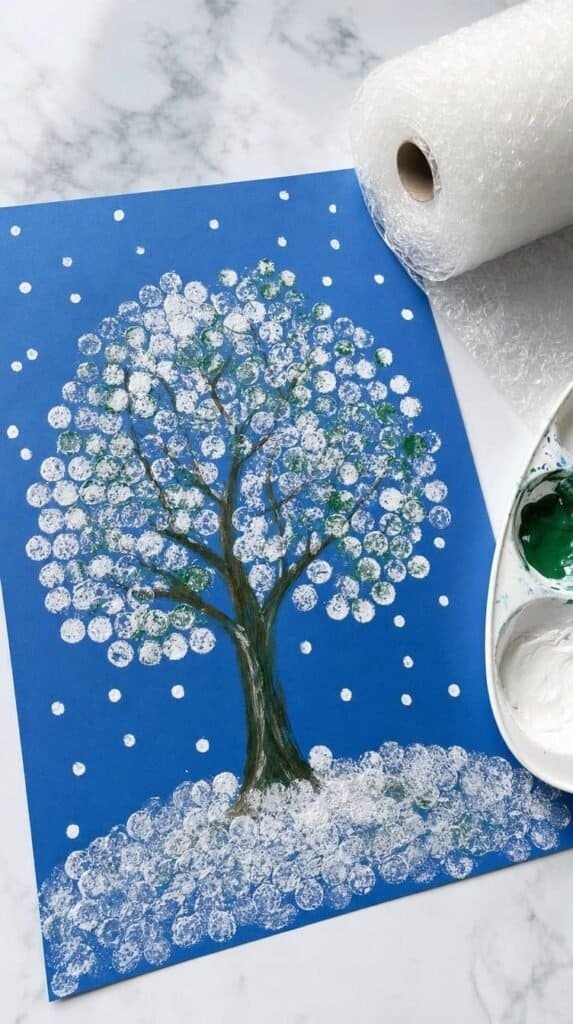 Bubble wrap printed green winter trees on blue paper with a paint tray