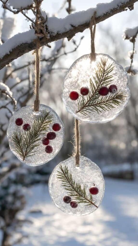 Frozen ice suncatchers with pine sprigs and cranberries hanging on a snowy branch