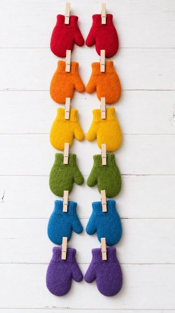 Felt mittens in matching pairs joined with wooden clothespins