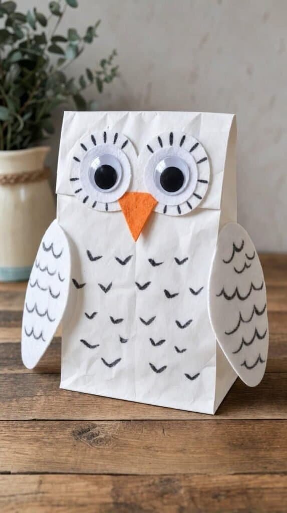 Snowy owl puppet made from a white paper bag with felt wings