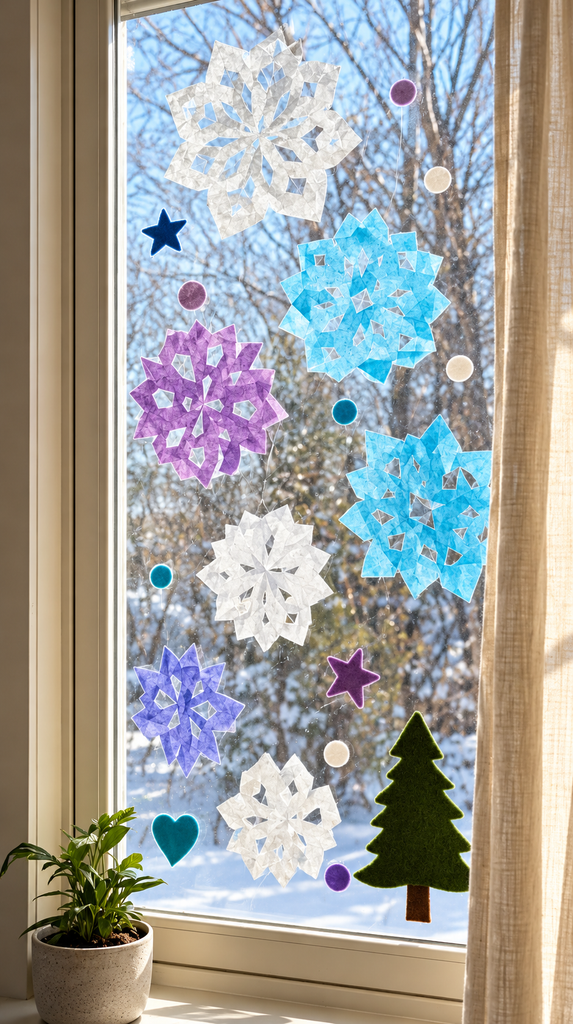 Window with clear sticky contact paper covered in tissue snowflakes and felt shapes