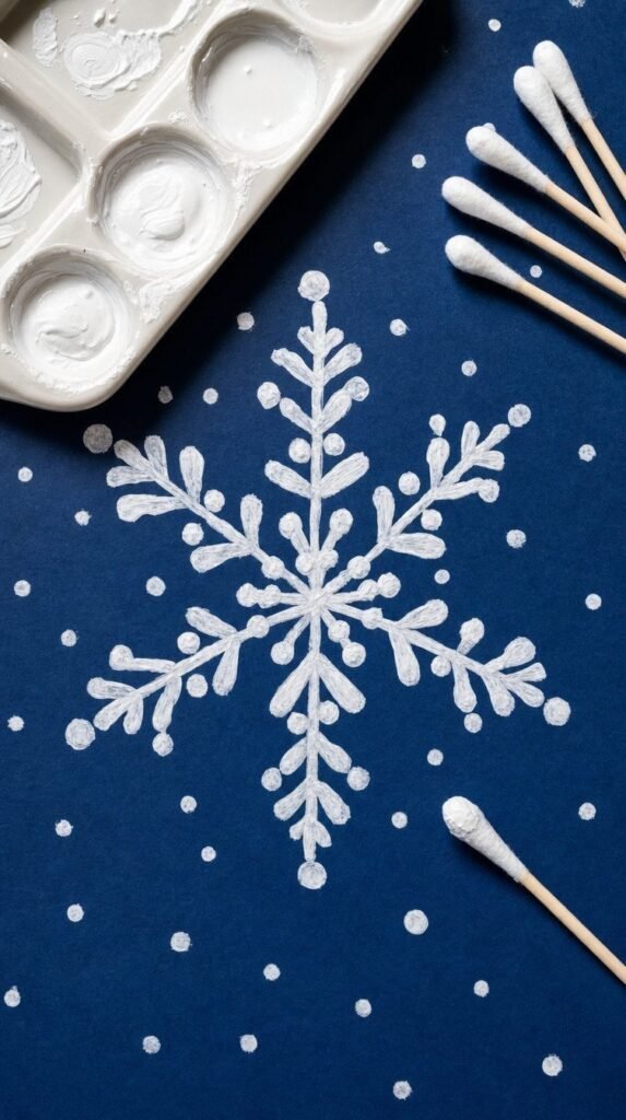Cotton swab painted white snowflake on dark blue paper beside a paint tray