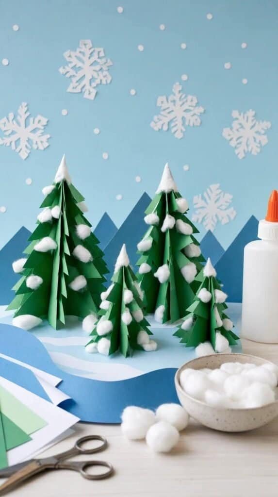Blue paper winter scene with green trees covered in cotton ball snow -Easy Winter Crafts for Toddlers