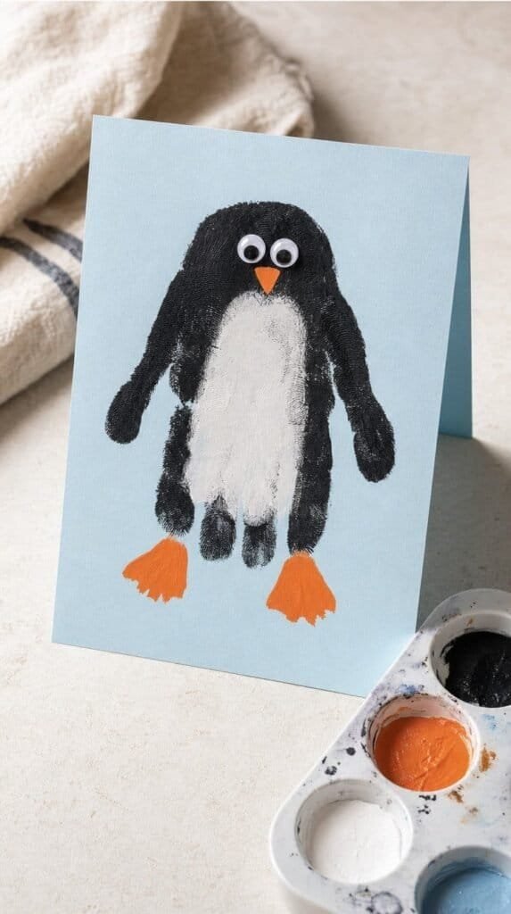 Greeting card with a painted handprint penguin on pale blue paper