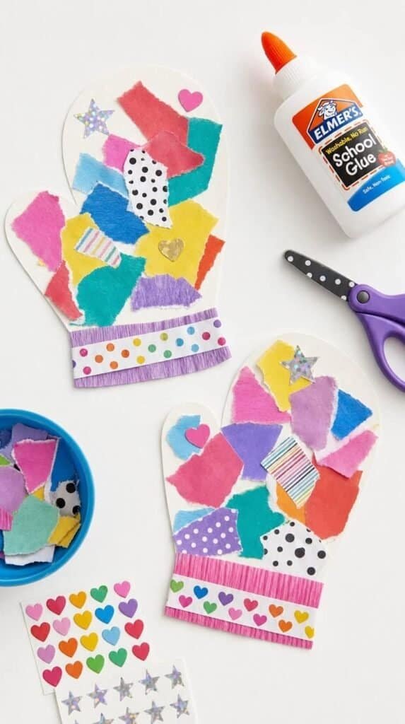 Paper mittens decorated with torn colorful paper scraps and stickers