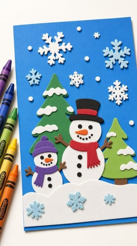 Blue cardstock winter village made with foam stickers of snowmen and trees