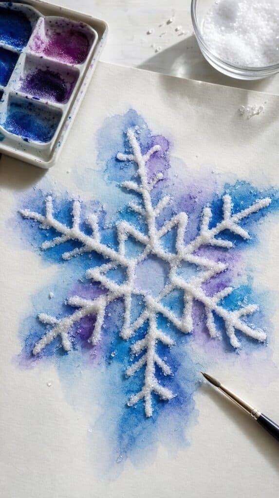 Salt painting snowflake with blue and purple watercolor spreading along glue lines