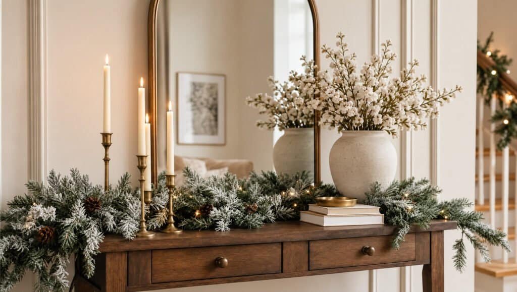 White ceramic vases with dried cotton stems and pampas grass on a console table