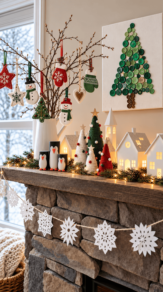Mantel displaying kid made winter decorations like penguins, ornaments, and a paper village