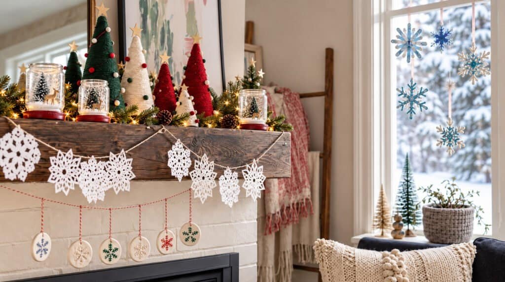 White paper snowflake garland strung on twine across a snowy window - winter crafts for kids
