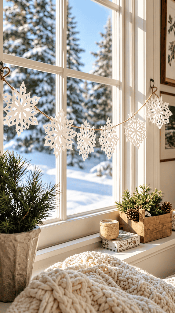 White paper snowflake garland strung on twine across a snowy window -  winter crafts for kids