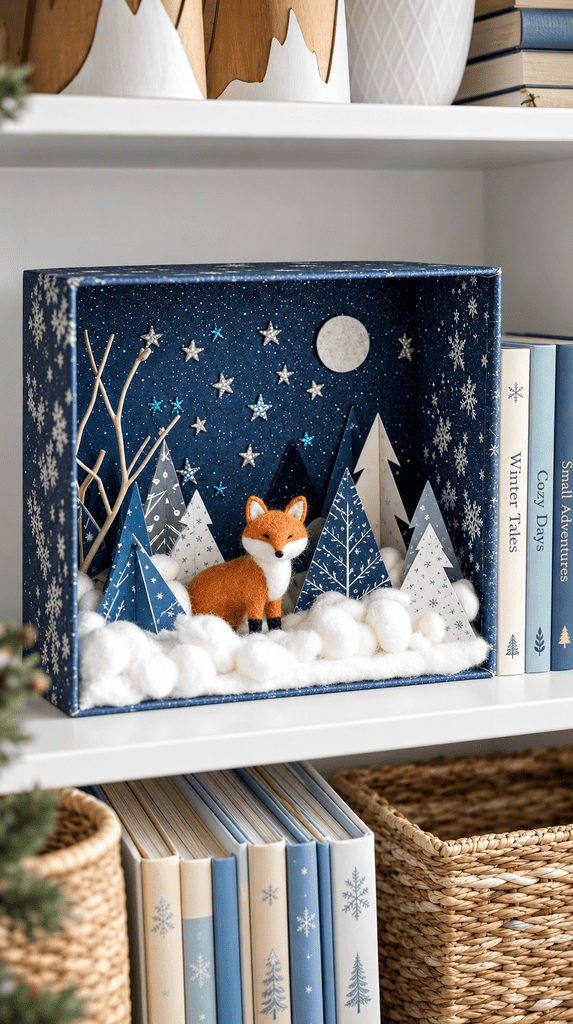Kid made winter wonderland shadow box with cotton snow, paper trees, and a felt fox