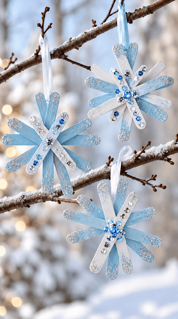 Popsicle stick snowflakes painted white and blue with glitter hanging from a branch