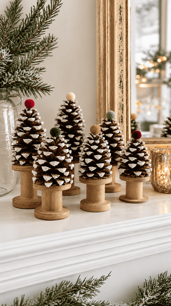 Pinecones painted white at the tips set on wooden spools as mini winter trees