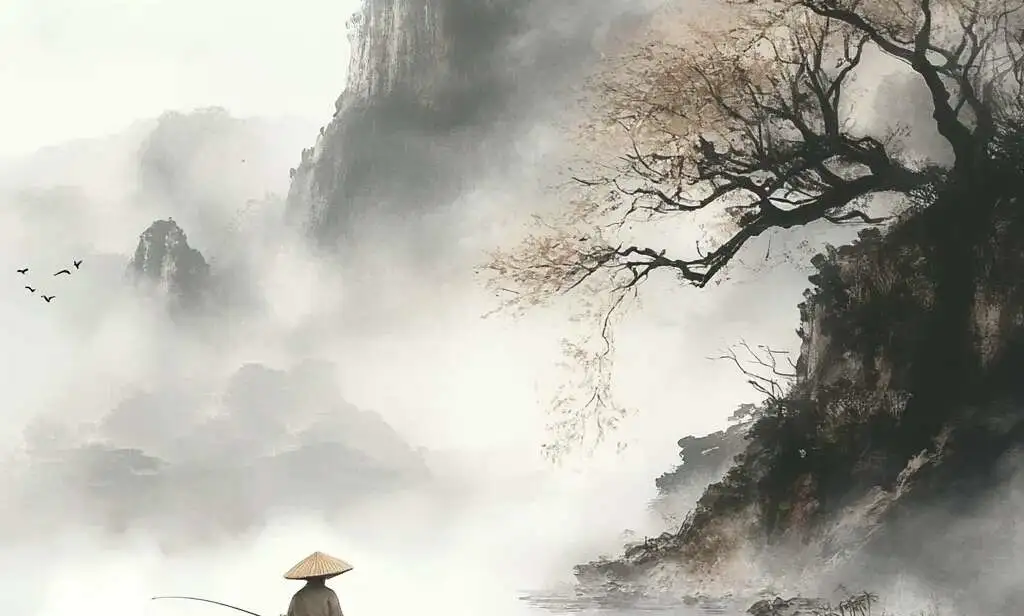 A traditional Chinese ink painting depicting Ueng (翁), symbolized by an old fisherman in a bamboo hat and raincoat (蓑笠翁), fishing on a serene river surrounded by misty mountains.