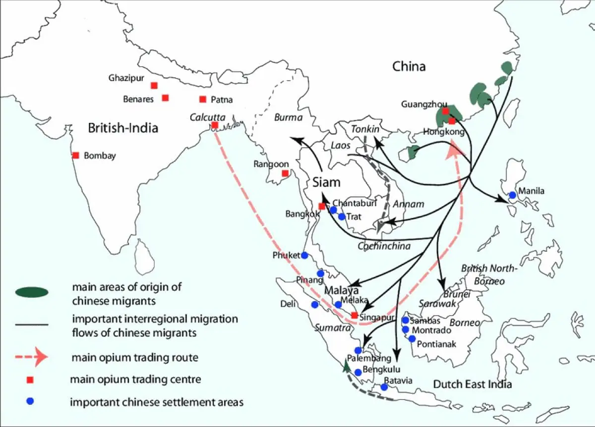 Migration route map showing Wuyi emigrant journeys and settlement areas across Southeast Asia